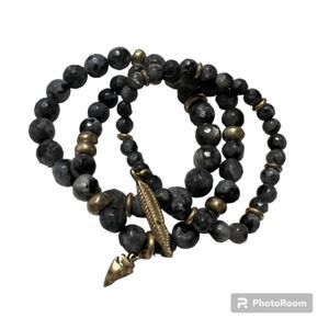 Lot of 3 Gray Black Faceted Beads Gold Tone Charms & Spacers Elastic Bracelets